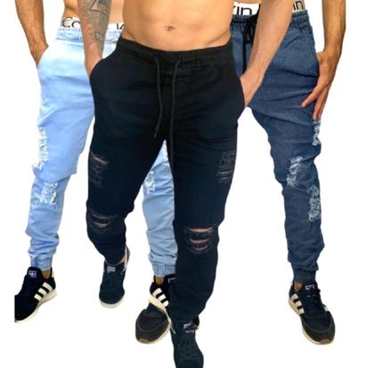 Imagem de kit 3 calças jeans masculina jogger branca rasgada com lycra