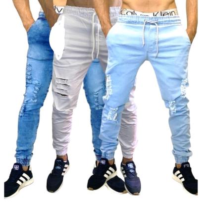 Imagem de kit 3 calças jeans masculina jogger branca rasgada com lycra