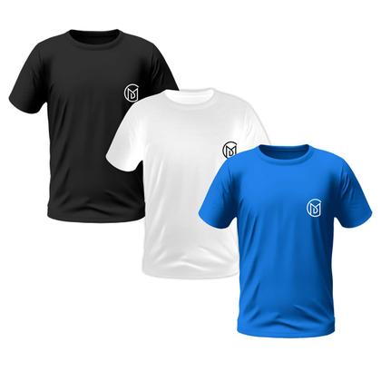 Imagem de Kit 3 Camisetas Masculinas Bordadas 100% Algodão Premium (Preto, Branco, Azul)