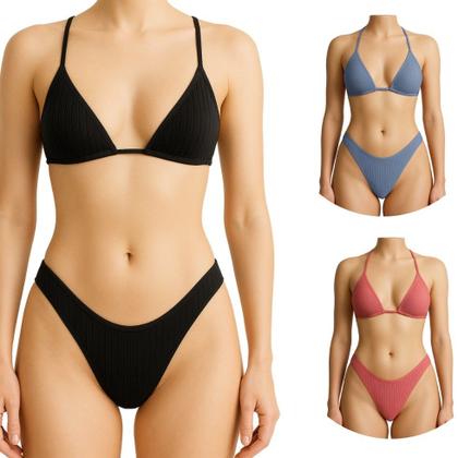 Imagem de Kit 3 Conjunto De Biquini Cortininha Canelado De Amarrar Calcinha Asa Delta Sutiã Sem Bojo