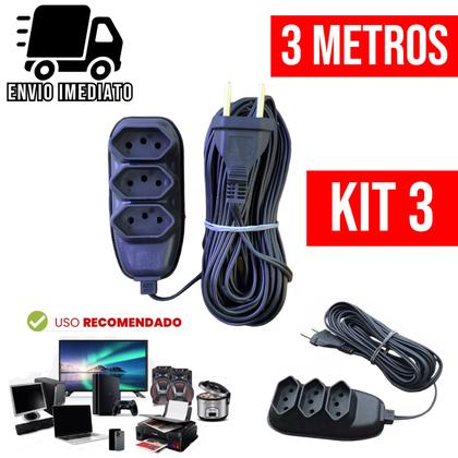 Imagem de Kit 3 Extensão Elétrica 3 Metros Bivolt com 3 Tomadas 110v 220v Tripolar Alexa Compacta