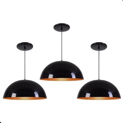 Imagem de Kit 3 Luminárias Pendentes Meia Lua 30cm Preto/Cobre 110/220v