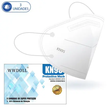Imagem de Kit 3 Máscaras Descartáveis KN95 WWDoll Cinco Camadas Branca com Clipe Nasal