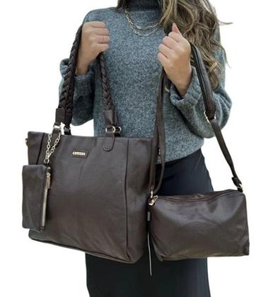 Imagem de Kit 3 Peças Bolsa Feminina Com Alça Trançada - Marrom