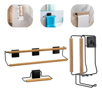 Imagem de Kit 3 Peças para Banheiro com Toalheiros e Porta Papel Higiênico Preto Com Bambu Moderno Fita 3m Luxo Arthi