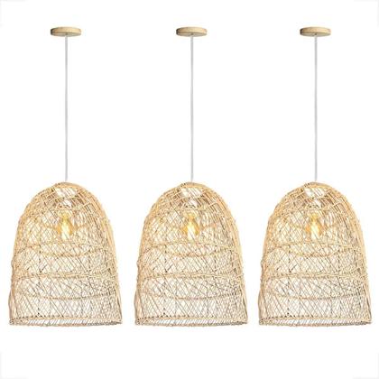 Imagem de Kit 3 Pendente Fibra Natural Rattan Artesanal Boho Mesa