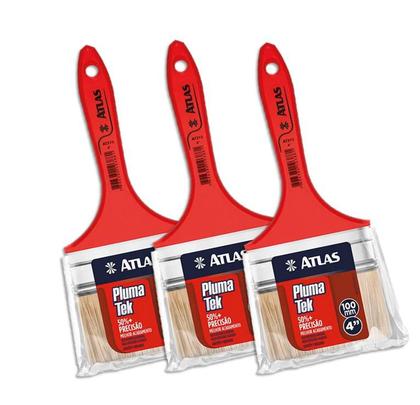 Imagem de Kit 3 Pincel Trincha Pintura Atlas At315 4 Polegadas Extra Macia PlumaTek Parede Madeira Esmalte
