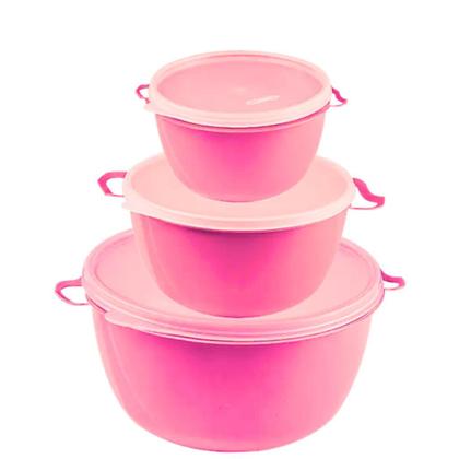 Imagem de Kit 3 Potes de Plástico Bacia Com Tampa PMG Cumbuca Vasilha Saladeira Tapoer Grande Tapuer Quality Color Lummar Redonda