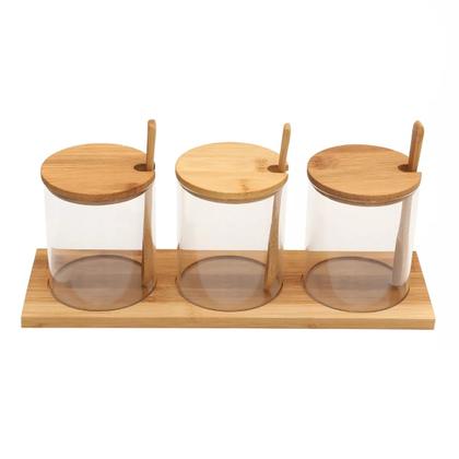 Imagem de Kit 3 Potes Porta Temperos Condimentos Vidro Tampa Bambu