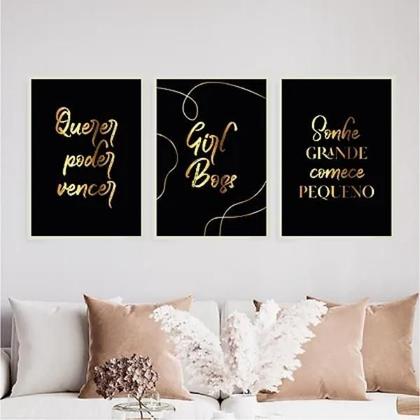 Imagem de Kit 3 Quadros Poder Querer Vencer 24X18Cm Preta