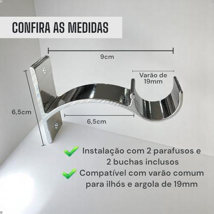 Imagem de Kit 3 Suporte Perfil Parede Varão Comum Ilhós 19mm Cortina Argola Instalação