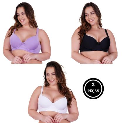 Imagem de Kit 3 Sutiã Plus Size Lateral Larga Reforçado Liso - c5 KIT 3 SUTIÃ NATHÁLIA LILÁS PRETO BRANCO