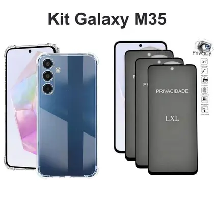 Imagem de Kit 3UN Película Privativa Anti Espião de vidro + Capa Transparente Anti Choque para Samsung Galaxy M35 5G