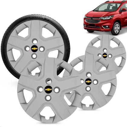 Imagem de Kit 4 Calotas Cobalt Spin 2013 a 2020 Aro 15 Prata Cubo Padrão Grid + Adesivo Resinado 48mm Gm Preto com Dourado (4 Pc)