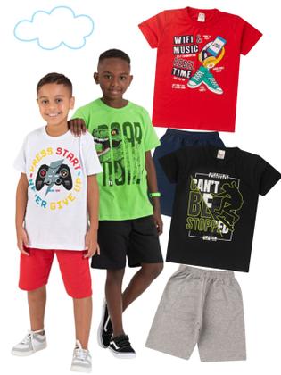 Imagem de Kit 4 Conjuntos Infantil Juvenil Menino Verão Camiseta Manga em Meia Malha e Bermuda Moletinho com Elástico
