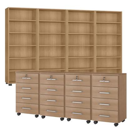 Imagem de Kit 4 Gaveteiros para Escritório Gávea com Chave e 4 Livreiros Office Freijó Fosco  Móveis Leão