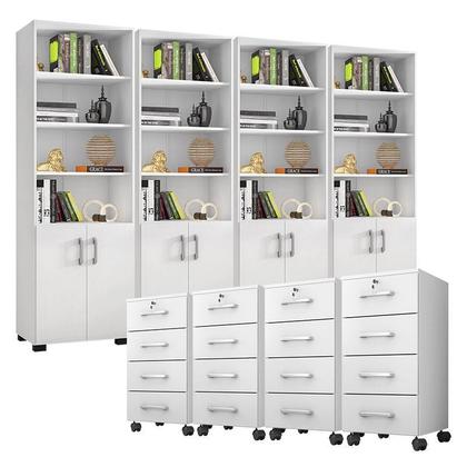 Imagem de Kit 4 Gaveteiros para Escritório Gávea com Chave e 4 Livreiros Office Portas Pequenas Branco Fosco  Móveis Leão