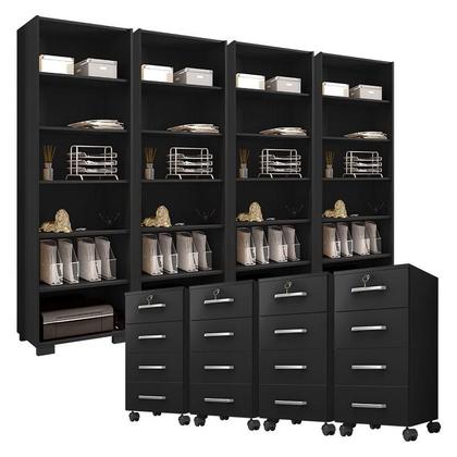Imagem de Kit 4 Gaveteiros para Escritório Gávea com Chave e 4 Livreiros Office Preto Fosco  Móveis Leão
