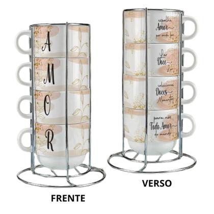 Imagem de Kit 4 Xícaras 150ml C/ Suporte Metal Amor, espalhe amor por