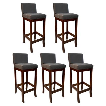 Imagem de Kit 5 Banquetas Alta de Madeira para Bancada Castanho Melody Suede Cinza