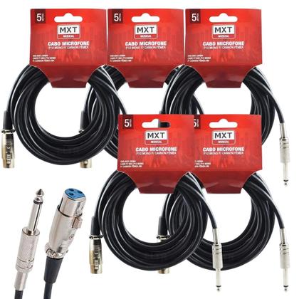 Imagem de Kit 5 Cabo Microfone Xlr Canon P10 Mono Violão 5m Metros Mesa som Amplificador Profissional Mxt