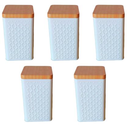 Imagem de Kit 5 Potes Latas Porta Mantimento Tampa Bambu Café E Açucar