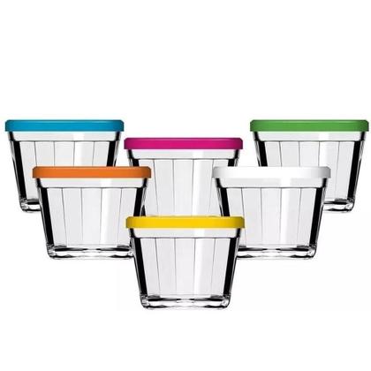 Imagem de Kit 6 Potes Americanos Tigelas Pequenas de Vidro 150ml Marinex com Tampa Plástica Colorida