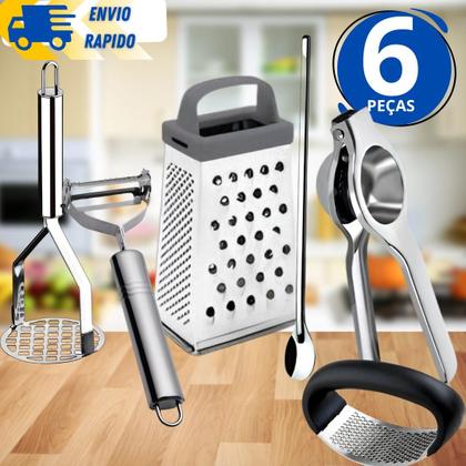 Imagem de Kit 6 Utensílio Amassador Batata e Alho Ralador N7 Descascador Inox Espremedor Inox Colher de Suco