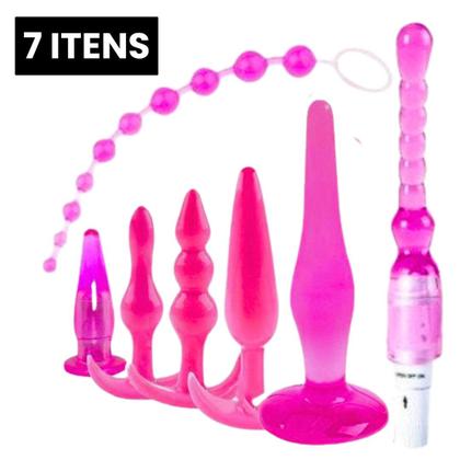 Imagem de Kit 7 Plug Anal com Vibrador Jelly P M G Escalonado Ventosa Grande e Pequeno