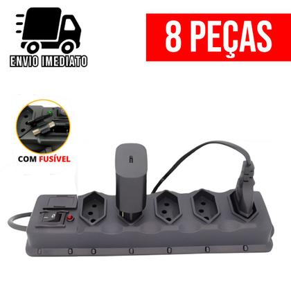 Imagem de Kit 8 Filtro de Linha 5 Tomadas Régua de Tomada com Fusível Extensão Elétrica Bivolt Tripolar