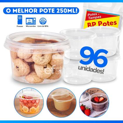 Imagem de Kit 96 Unidades Pote de Plástico Redondo 250ml Com Tampa Bolo no Pote Embalagem Descartável BP Potes