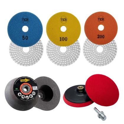 Imagem de Kit Acabamento 45 Porcelanato, Granito, Mármore e outras Pedras 3 Lixas Suporte e Rebolo