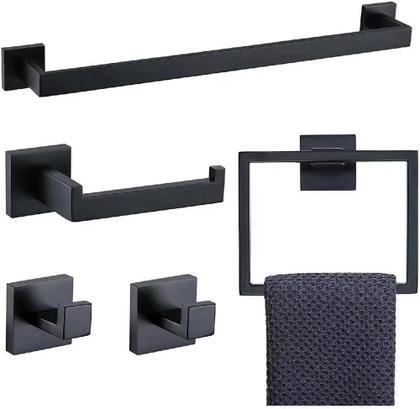 Imagem de Kit Acessórios Banheiro Inox 304 5 Peças Alto Luxo Premium Toalheiro Porta Papel Ganchos Instalação Completa