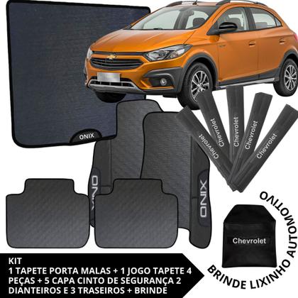 Imagem de Kit Acessórios Onix 2019 a 2025 Tapete Emborrachado + Porta Malas + 5 Capas de Cinto Segurança
