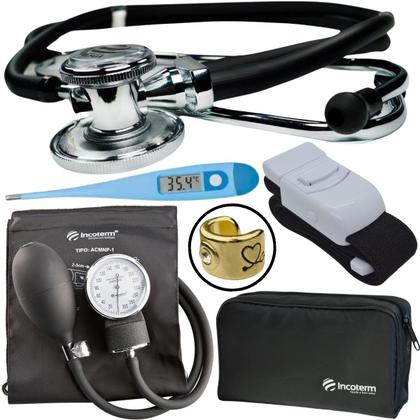 Imagem de Kit Aparelho Pressao Esfigmomanometro Estetoscopio Rappaport Termometro