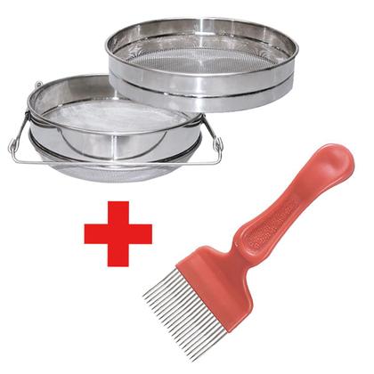 Imagem de Kit Apicultura Peneira Dupla Inox+ Garfo 21 Pin Modelo Curvo
