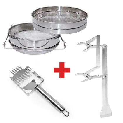 Imagem de Kit Apicultura Saca Quadros + Peneira + Garfo Inv Duplo Inox