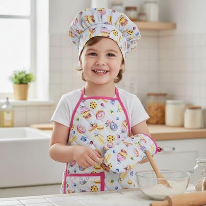 Imagem de Kit Avental Infantil de Cozinha Estampado com Touca e Luva