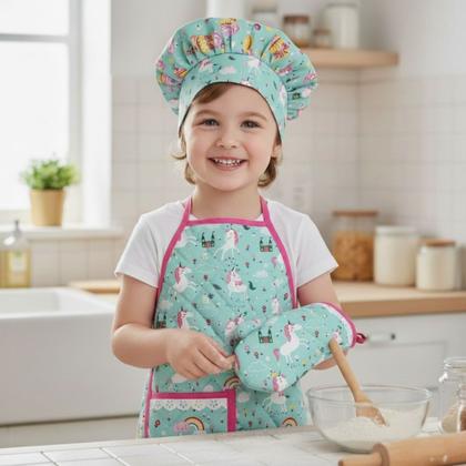 Imagem de Kit Avental Infantil de Cozinha Estampado com Touca e Luva