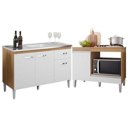 Imagem de Kit Balcão de Pia 3 Portas Gabriela 120cm com Balcão Cooktop Carla Amendoa/Branco Sem Tampo AJL Móveis