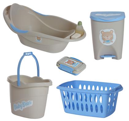 Imagem de Kit Banho Baby Bebê Infantil Menino Banheira Saboneteira Cesto Lixeiras Balde