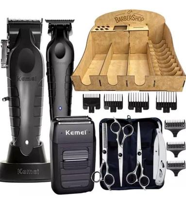 Imagem de Kit Barbearia Completo Com Maquinas Tesouras E Suporte Mdf