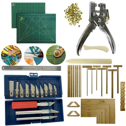 Imagem de Kit Base de Corte 60x45 Cartonagem Gabaritos Alicate Fura Prega Ilhós Jogo de Estilete Régua 60cm Dobradeira Vincador