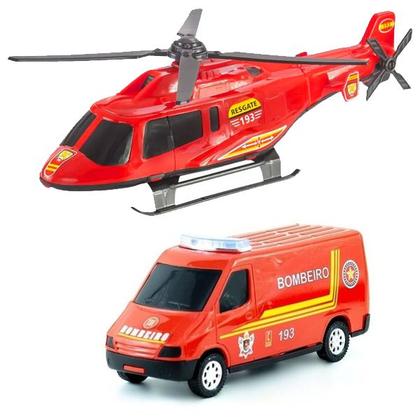 Imagem de Kit Bombeiro Helicóptero De Brinquedo Infantil Com Carrinho Furgão