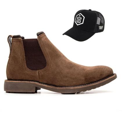 Imagem de Kit Bota Botina Chelsea Texas Gold em Couro Camurça Taupe Masculina com Boné Trucker Aba Curva