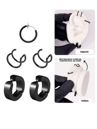 Imagem de Kit Brinco Argola Pressão Preto 3 Piercing Helix Encaixe