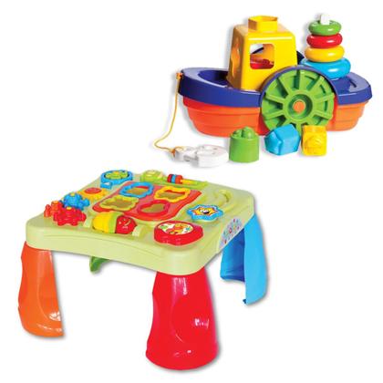 Imagem de Kit Brinquedo Barco Encaixar + Mesinha Didática Infantil Bebê Interativa Sonora