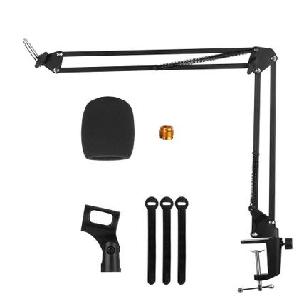 Imagem de Kit c/ Pedestal/Braço Articulado p/ Microfone Condensador, Espuma, Tiras, Adaptador 3/8" p/ 5/8"