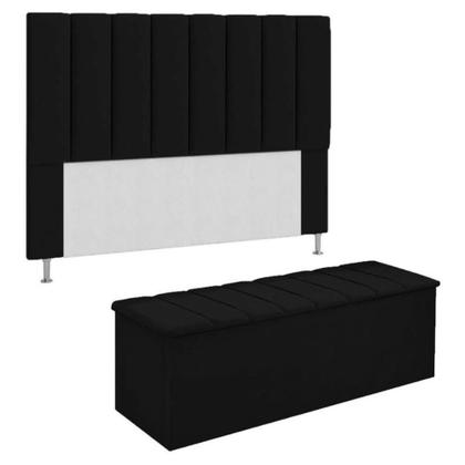 Imagem de KIT Cabeceira com Calçadeira baú eros Casal 140 cm Para Cama Box Suede Preto Biselos-Decor