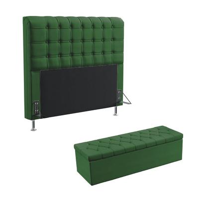 Imagem de Kit Cabeceira Estofada Decorativa Para Cama Box Rana 160 Para Cama Queen e Calçadeira Sagitarius Sued Verde Aradecor